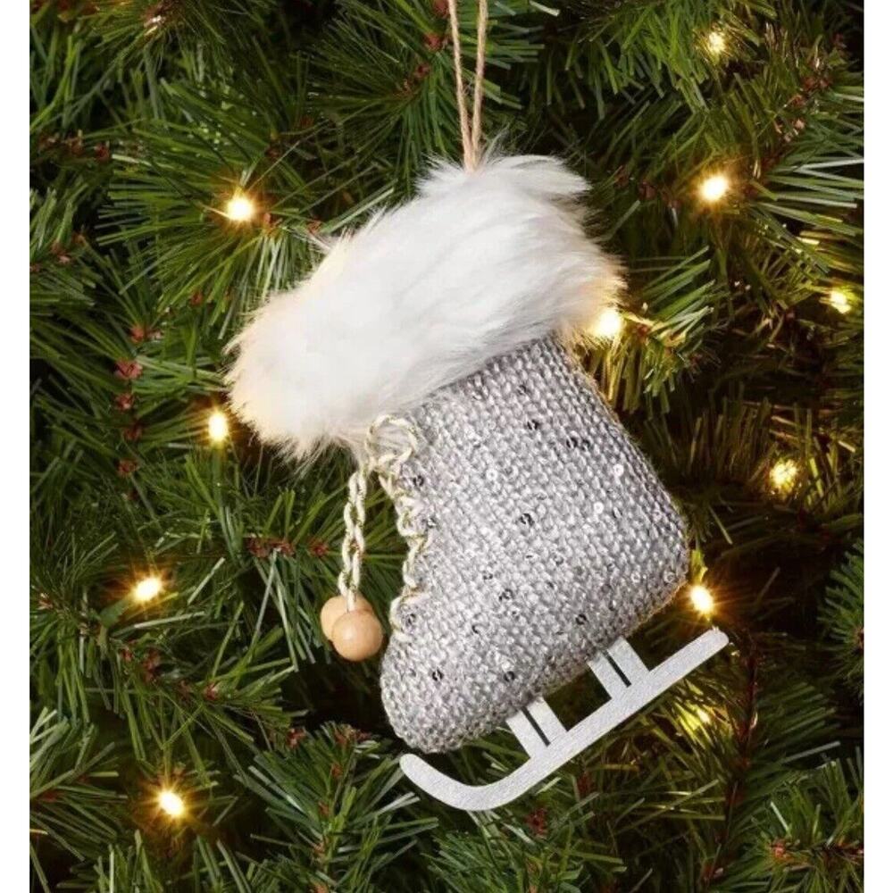Knit Ice Skate with Faux Fur Trim Christmas Tree Ornament Gray - Wondershop NWT